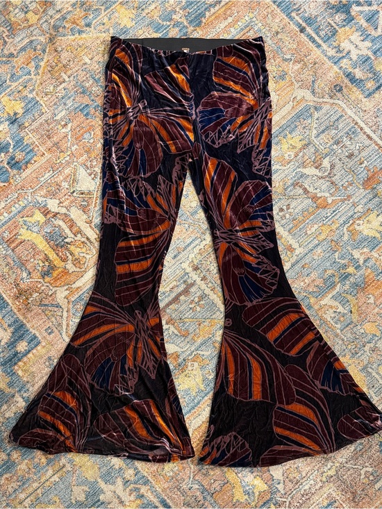 Free People Pants - Free People Black Velvet Burnout Flare Pants with Rust & Navy Leaf Print